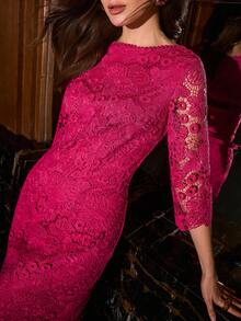 MOTF PREMIUM GAUN WANITA ELEGAN UNTUK BERKOMUTASI DENGAN LENDIR GUIPURE PANJANG SEDANG - Hot Pink - View 4