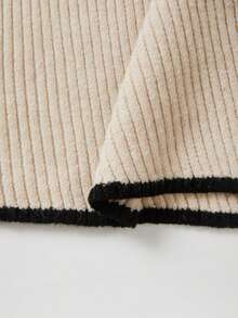 SHEIN Sweater Rajut Bergaris Wanita, Kerah Tinggi dengan Trim Kontras, Potongan Ramping, Lengan Panjang, Hem Tidak Beraturan, Elegan - Aprikot - View 6