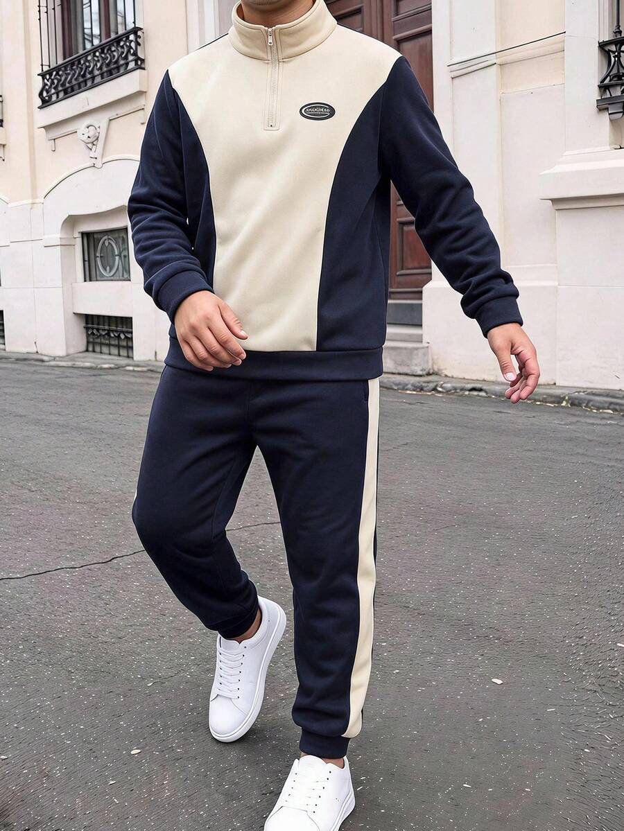 2件組青少年男孩休閒拼色立領杏色與深藍色運動衫與慢跑褲套裝,適合秋冬、學校、日常穿著、運動、生日派對、外出,百搭簡約抓絨內裡 - 杏色 - 查看 1