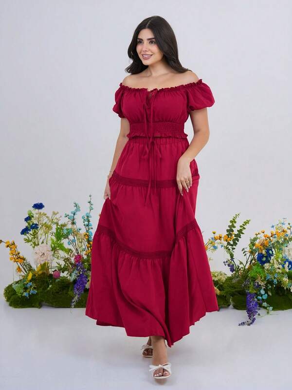 The Leen Edit Women's Burgundy Summer Boho Off Shoulder Puff Sleeve Front Tie Gathered A-Line Skirt 2 Pieces Set,Vacation Picnic Casual Elegant Daily Fashion