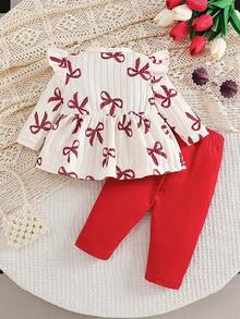 SHEIN Vintaside Kids 2件組新生女嬰杏色蝴蝶結豹紋圓領長袖荷葉袖抓絨內裡羅紋軟布料T恤上衣 + 彈性腰粉色休閒長褲，可愛時尚韓風甜美套裝，適合秋冬日常穿著、旅行、度假、派對、室內外場合 - 紅白色 - 查看 2