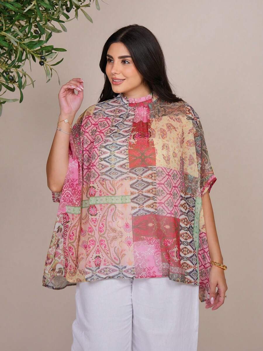 The Leen Edit Loose Fit Batwing Sleeve Tie Front Random Print Blouse, Plus Size Vacation Summer - Multicolor - View 1