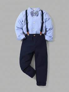 SHEIN Tween Boy Bow Front Shirt & Suspender Trousers - Blue - View 1