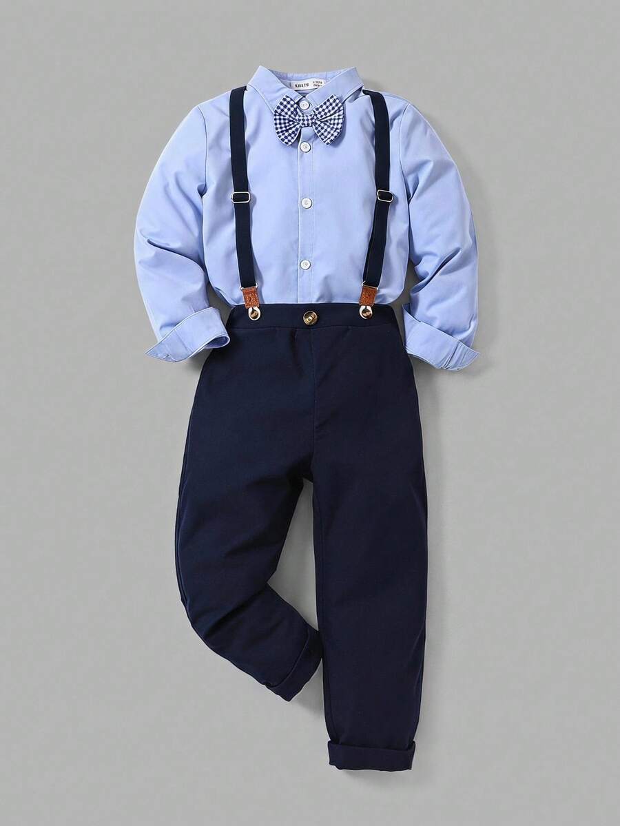 SHEIN Tween Boy Bow Front Shirt & Suspender Trousers - Blue - View 1