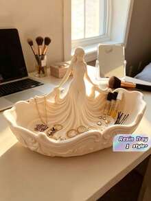1 khay đựng trang sức phong cách châu Âu cổ điển bằng nhựa resin màu trắng sữa, họa tiết hoa dập nổi, hình váy nữ thần, khay lớn miệng rộng dùng trang trí bàn trang điểm, đựng nhẫn, bông tai, dây chuyền và chìa khóa - Nhiều màu - Xem 1