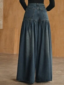Anewsta Women's New Fashion Design Patchwork Vintage Nostalgic Washed Blue Jeans Wide Leg Pants - Blue - View 7