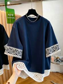 Franclia Plus Size Lace Patchwork Short Sleeve Round Neck T-Shirt - Navy Blue - View 1