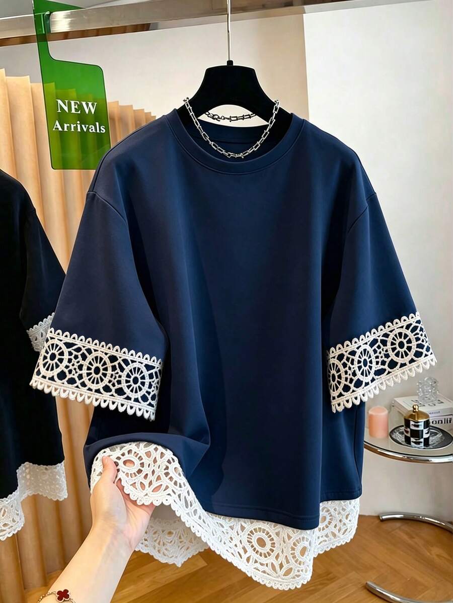 Franclia Plus Size Lace Patchwork Short Sleeve Round Neck T-Shirt - Navy Blue - View 1