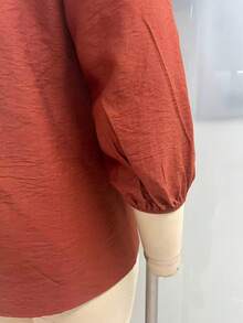 EMERY ROSE Women's Plus Size Autumn Casual Solid Orange Brown Deep V-Neck Ruffle 3/4 Sleeve Blouse, Suitable For Casual Commute Outing Daily Wear Fall - Brown - View 5