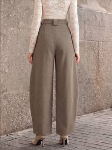 Anewsta Autumn/Winter Vintage British Style High Waist Curved Leg Brown Gray Casual Pants - Coffee Brown - View 2