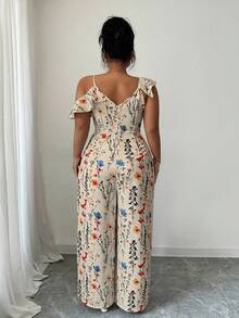 Selianne 大码女式印花露肩休闲连体裤 - 卡其色 - 查看 3