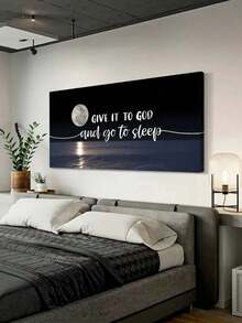 1 Pc Unframed Canvas Wall Art, Moon Ocean Night Scene Canvas Print With Quote "Give It To God And Go To Sleep", Modern Landscape Canvas Poster For Bedroom, Living Room Home Decoration - multicolor - View 2