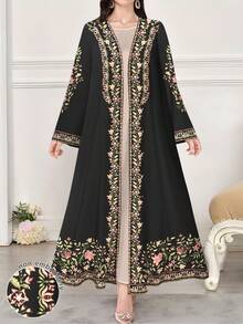 SHEIN Najma 女式花卉植物数码印花长袖休闲阿拉伯长袍，春秋季 - 彩色 - 查看 1