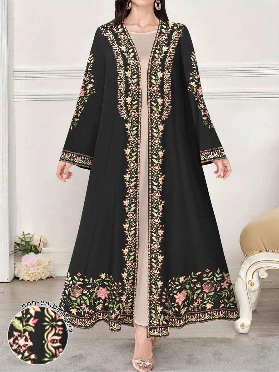 SHEIN Najma 女式花卉植物数码印花长袖休闲阿拉伯长袍,春秋季 - 彩色 - 查看 1
