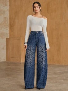 Anewsta Celana Jeans Lurus Motif Leopard dengan Hiasan Berlian Imitasi - Biru - View 5