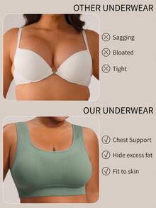 Barelissa 1pc Seamless Ribbed Solid Color Medium Support Deep U-Neck Sports Bra For Women, Wide Strap, Wire-Free Fixed Cups, Push-Up And Side-Boob Support, Daily Base Layer Camisole - Green - View 6