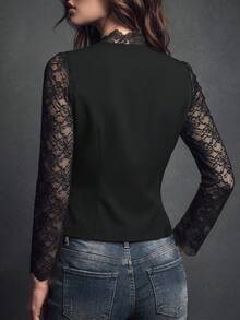 Balvessa 女款深黑色蕾絲V領長袖外套，秋冬款，適合聖誕節、萬聖節與派對場合 - 黑色 - 查看 2