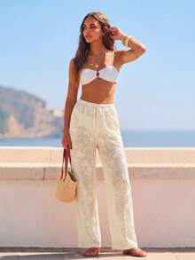 CAJUNI Women's Vacation Embroidered Sheer Casual Drawstring Waist Long Pants Beach - Cream - View 4