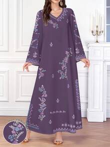 SHEIN Najma 复古优雅花卉印花休闲女式阿拉伯风格V领连衣裙 - 彩色 - 查看 1