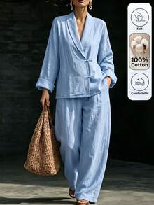 Omancia Women's Solid Color Long Sleeve Top And Pants Casual Daily 2 Pieces Set - Blue - View 1