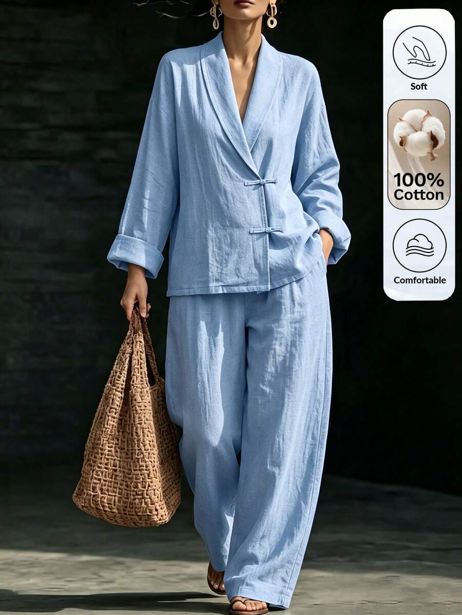 Omancia Women's Solid Color Long Sleeve Top And Pants Casual Daily 2 Pieces Set - Blue - View 1