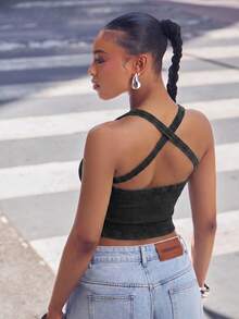 Denimoi Áo tank top dệt kim gân cổ vuông hở lưng chéo, thời trang mặc hàng ngày cơ bản - Màu xám đen - Xem 5