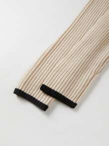 SHEIN Sweater Rajut Bergaris Wanita, Kerah Tinggi dengan Trim Kontras, Potongan Ramping, Lengan Panjang, Hem Tidak Beraturan, Elegan - Aprikot - View 3