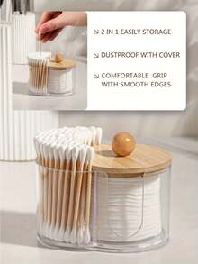 1PC Standard Size Bamboo Lid 2 In 1 Round Dual Hole Cotton Pad Holder And Floss Pick Container Organizer With Clear Body For Bathroom Vanity Countertop Cosmetic Sponge Storage Dispenser Dustproof Stackable Space Saving Home Essential - A - View 6