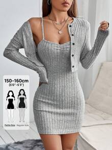 SHEIN PETITE Petite Button Front Cami Bodycon Dress & Open Front Jacket - Grey - View 1