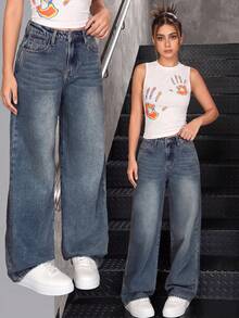 SHEIN Teen Girl Casual Versatile Daily Travel Denim Jeans With Pocket And Button - Light Wash - View 8