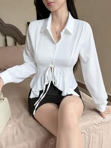 Tideelle Women's Autumn And French Romantic Elegant Bow Front Ruffled Fitted Long-Sleeve Versatile Shirt Going Out White - White - View 5