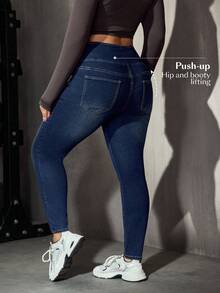 Flexra Casual Slim Fit High Waist Navy Blue Daily Stretchy Washed Comfortable Flattering Wear Plus Size Jeans For Women Formal Date Night Summer - Dark Wash - View 2