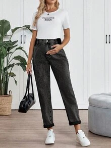 SHEIN 孕妇高腰休闲通勤锥形卷边牛仔裤 - 黑色 - 查看 3