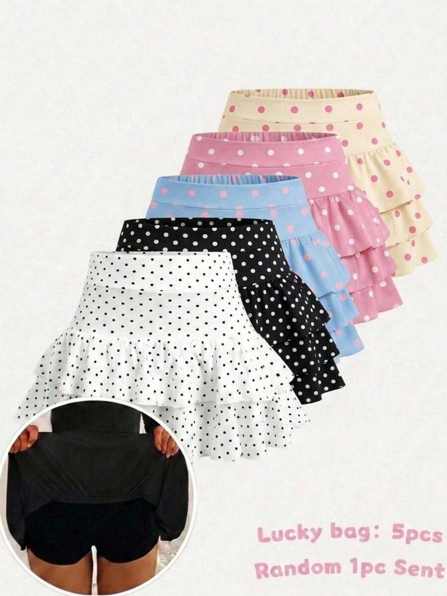 SHEIN Teen Girl Knitted Polka Dot Fitted Casual Skirt - Yellow - View 1
