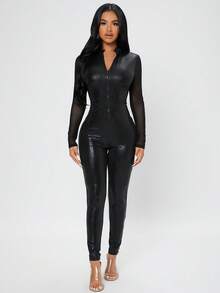 SHEIN PETITE Petite Zip Up Mesh Panel Unitard Bodycon Black Jumpsuit ,Petite Women - Black - View 4