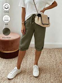 SHEIN Holidaya Apricot Textured Pure Cotton Waist-Cinching Tie Shorts For Women, Holiday, Commute, Beach Vacation, Island Vacation - Dark Green - View 5
