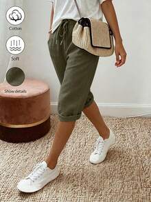 SHEIN Holidaya Apricot Textured Pure Cotton Waist-Cinching Tie Shorts For Women, Holiday, Commute, Beach Vacation, Island Vacation - Dark Green - View 6