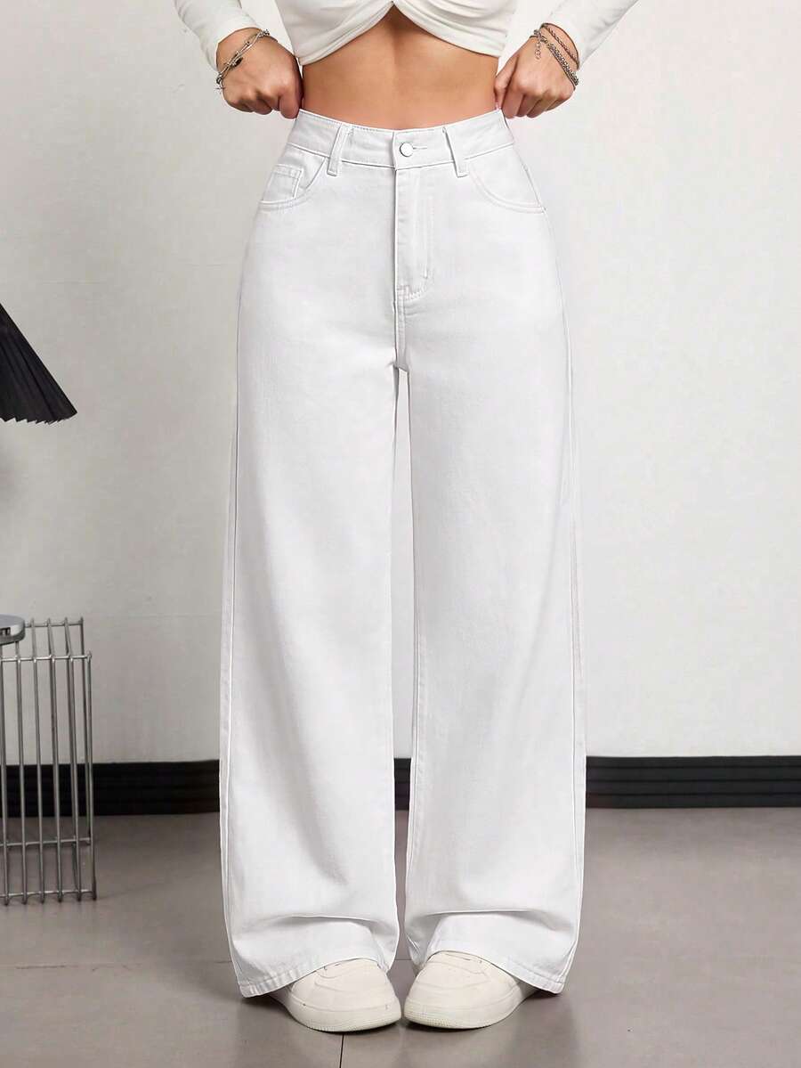 SHEIN Tall 女款寬腿鬆垮休閒牛仔褲,附口袋 - 白色 - 查看 1