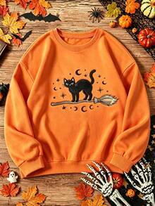 SHEIN Sweatshirt Bordir Halloween Wanita – Pullover Leher Bulat Bergambar Penyihir Kucing Hitam Lucu – Atasan Kasual Hangat Berlapisan Bulu Ukuran Besar - Jeruk - View 3