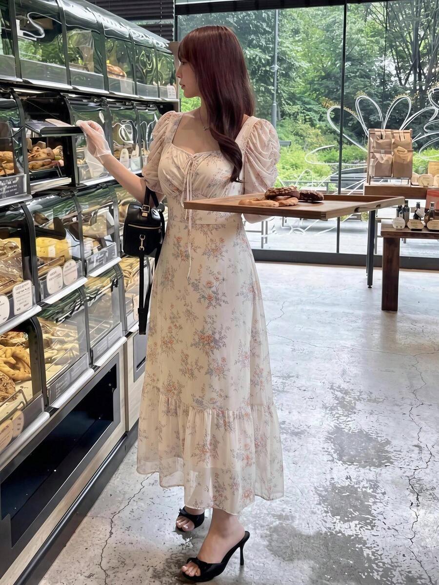 Bijouette 大尺碼女款時尚休閒正裝軟身浪漫方領印花花瓣袖洋裝,適合早午餐、生日,馬卡龍色夏季款 - 杏色 - 查看 1