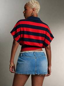 Denimoi Cinched Waist Collared Striped Polo Top Fashionable Tops Collared Top - Red - View 2