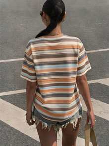 DrmWander Vintage Contrast Color Striped Round Neck Plus Size Short Sleeve T-Shirt Women's Casual Loose Everything Basic Striped Top - Multicolor - View 2