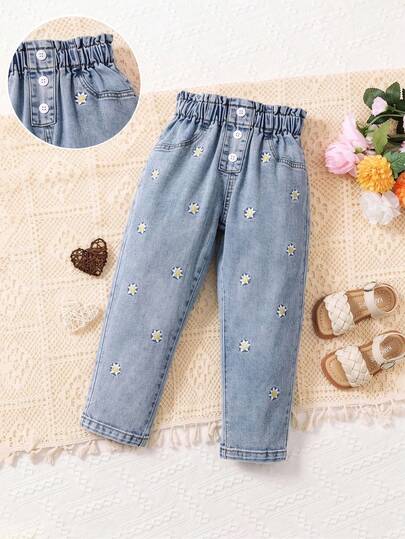 SHEIN Vintaside Kids Girls' Adjustable Waist Sweet Floral Embroidered Pocket Loose Comfortable Tapered Leg Denim Jeans, Suitable For School, Campus, Back To School, Light Blue Washed Denim Fabric, White Daisy Embroidery, Autumn Back To School Season