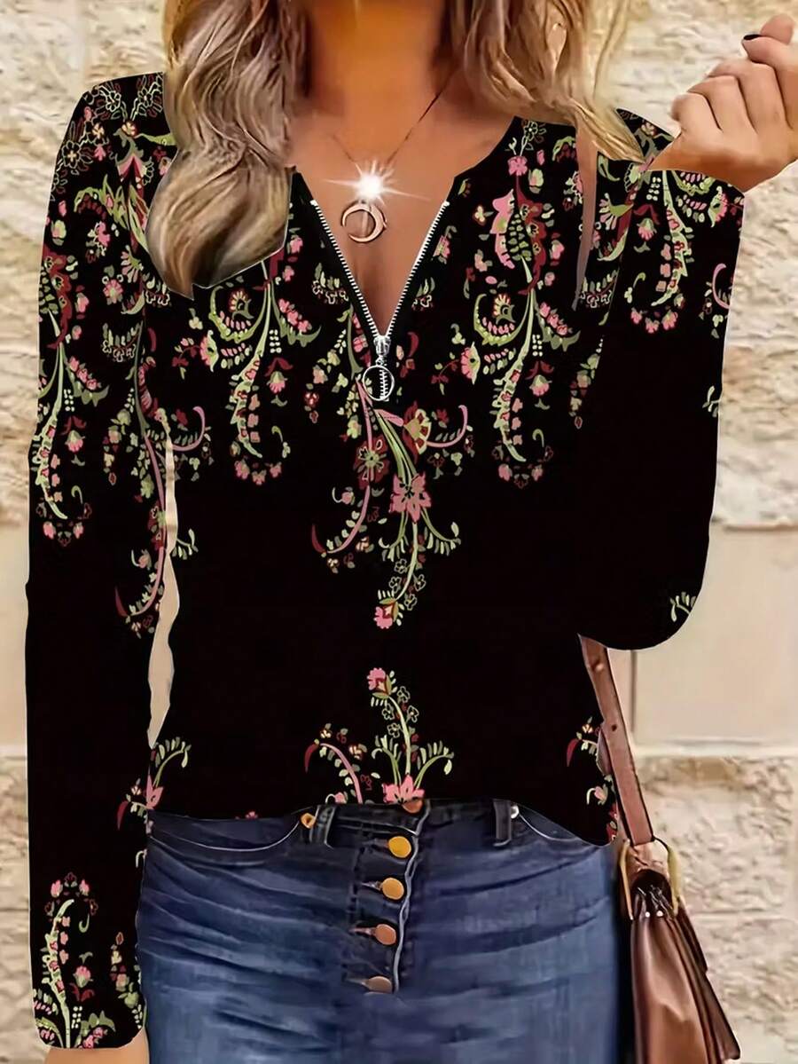 EMERY ROSE Plus Size Women Floral Allover Print And Embroidered Zip-Up Top - Multicolor - View 1