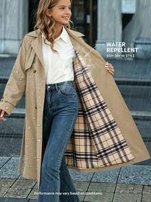 SHEIN Tween Girls Back To School Vintage Khaki Double-Breasted Belted Lapel Collar Midi Coat Fall Winter - Khaki - View 1