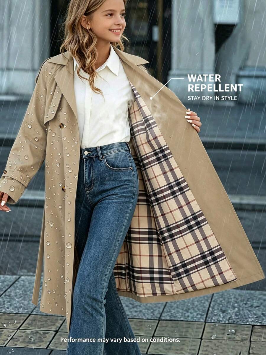 SHEIN Tween Girls Back To School Vintage Khaki Double-Breasted Belted Lapel Collar Midi Coat Fall Winter - Khaki - View 1