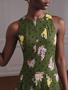 Aveloria Modichic Green Ditsy Floral Fabric, Elegant Split Long Full Skirt Sleeveless Dress, A-Line Skirt, Vintage, Brunch Party, Lightweight Summer - Green - View 5