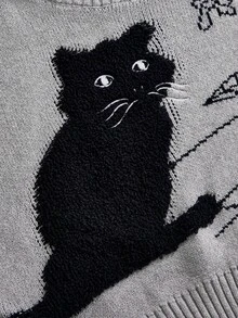 ROMWE Women's Halloween Cat Striped Sweater - Black - View 3