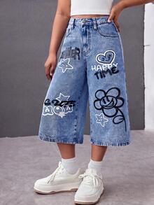 SHEIN 青少年女孩時尚休閒街頭風 Y2k 笑容花卉圖案水藍色寬腳七分牛仔褲 柔軟日常穿搭 夏季 派對音樂節 海灘 校園 - 深色水洗藍 - 查看 6