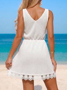 Swim Lushoire Women's New Summer Swimwear Fashion Vacation Elegant Sexy Casual Bohemian White Textured Fabric Contrast Lace Trim V-Neck Tie Sleeveless Dress Cover-Up, Summer Beach Vacation, Casual, Work, Country, Easter, Thanksgiving, Mother's Day, Pool Party, Music Festival, Cruise, Club, Wedding, Weekend Picnic - White - View 2